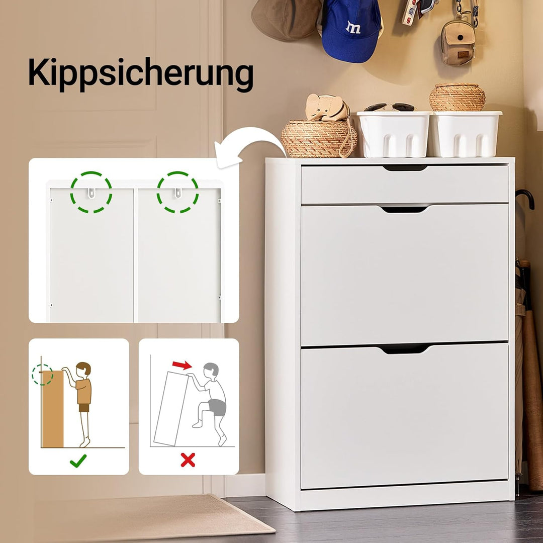 SoBuy Schuhschrank Schmal, Schuhkipper Schmal mit 2 Klappen und 1 Schublade, Kompakter Schuhregal, S