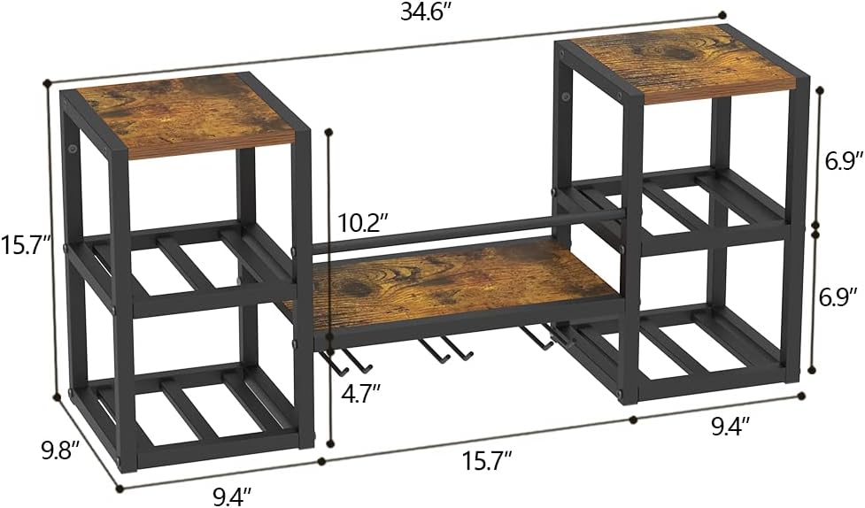 VEDECASA industriell wandmontierte Weinregal mit 3 Dampfglashalter Partial Holzregal Schwarz Metallf
