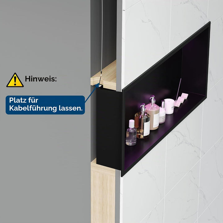 Wandnische Dusche Edelstahl mit RGB LED-Licht, Eingebettete Duschnische Schwarz Einzelregal Lagerung