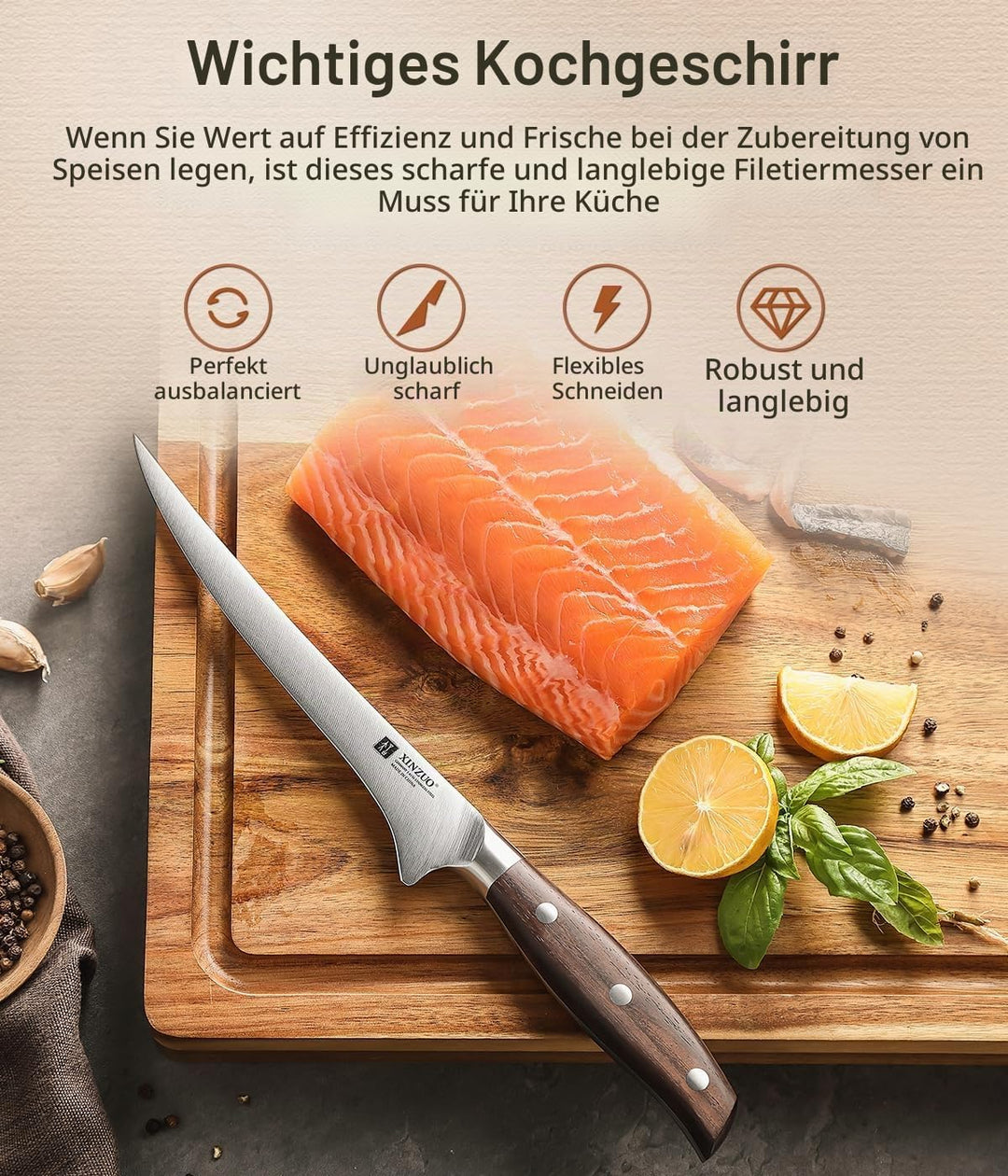 XINZUO 18,1cm Filetiermesser Deutschem 1.4116 Edelstahl,Profi Fischmesser Kochmesser,Multifunktions