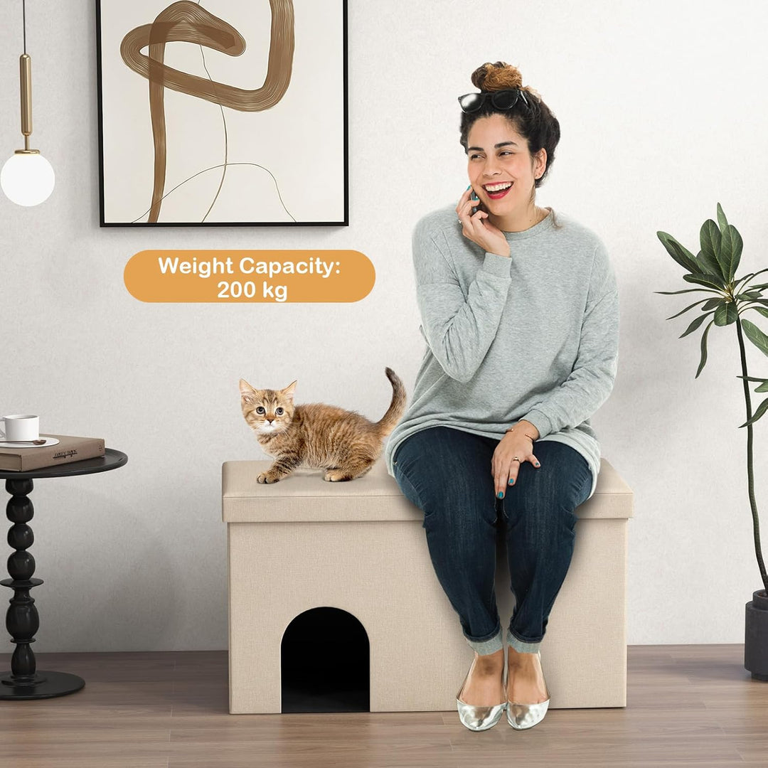GYMAX Katzenhöhle, 3 in 1 Katzenmöbel als Katzenhaus, Sitzbank & Katzentoilette, Schuhbank mit Matte