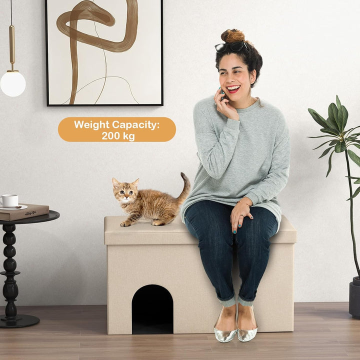 GYMAX Katzenhöhle, 3 in 1 Katzenmöbel als Katzenhaus, Sitzbank & Katzentoilette, Schuhbank mit Matte