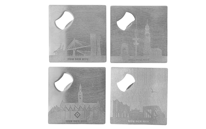 Hamburger SV HSV Untersetzer 4er-Set ** Skyline **, Metall & Kork, je 9,5 x 9,5 cm, Flaschenöffner