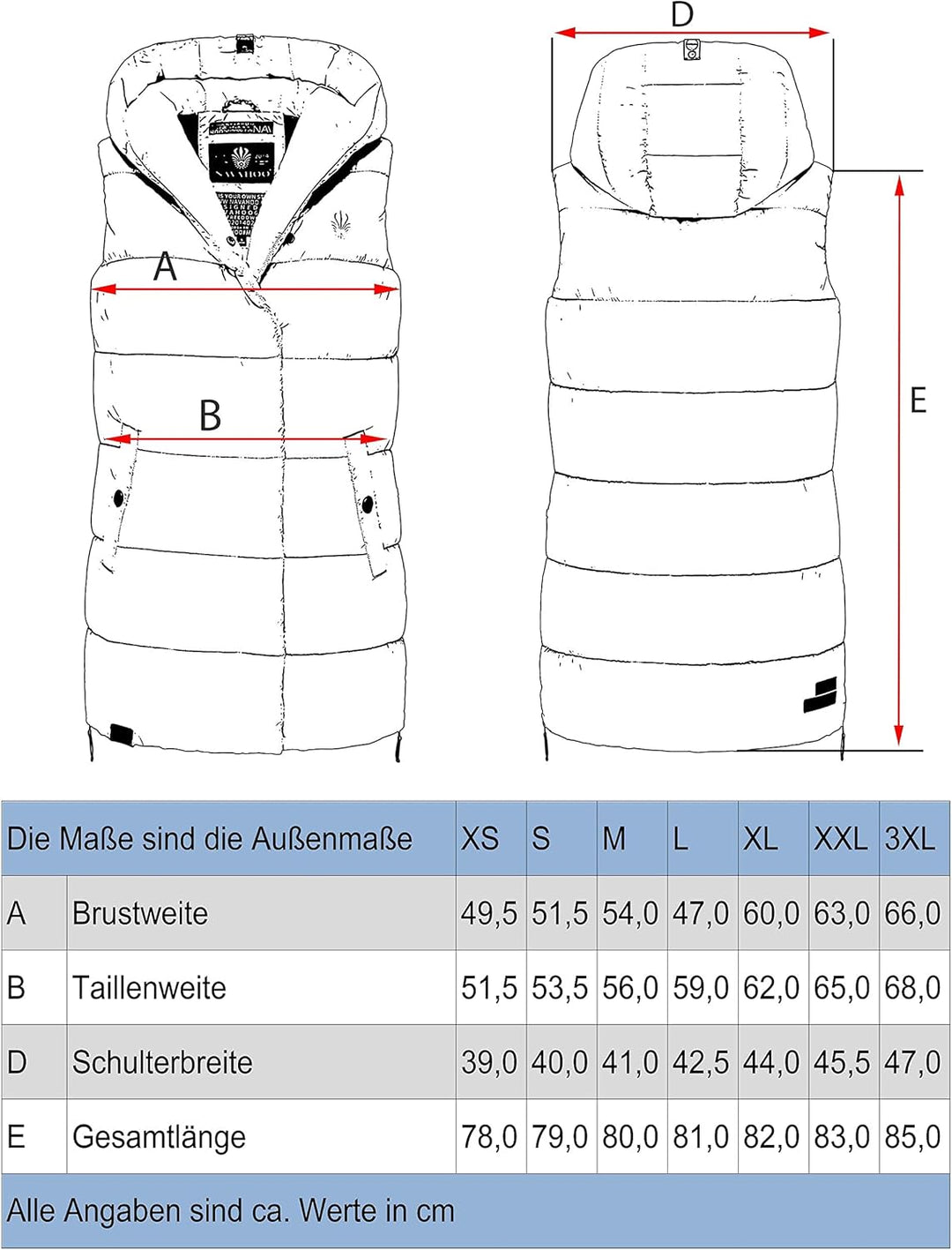 Navahoo warme Damen Winter Steppweste lang mit Kapuze Madilynaa XS-XXL M Schwarz, M Schwarz