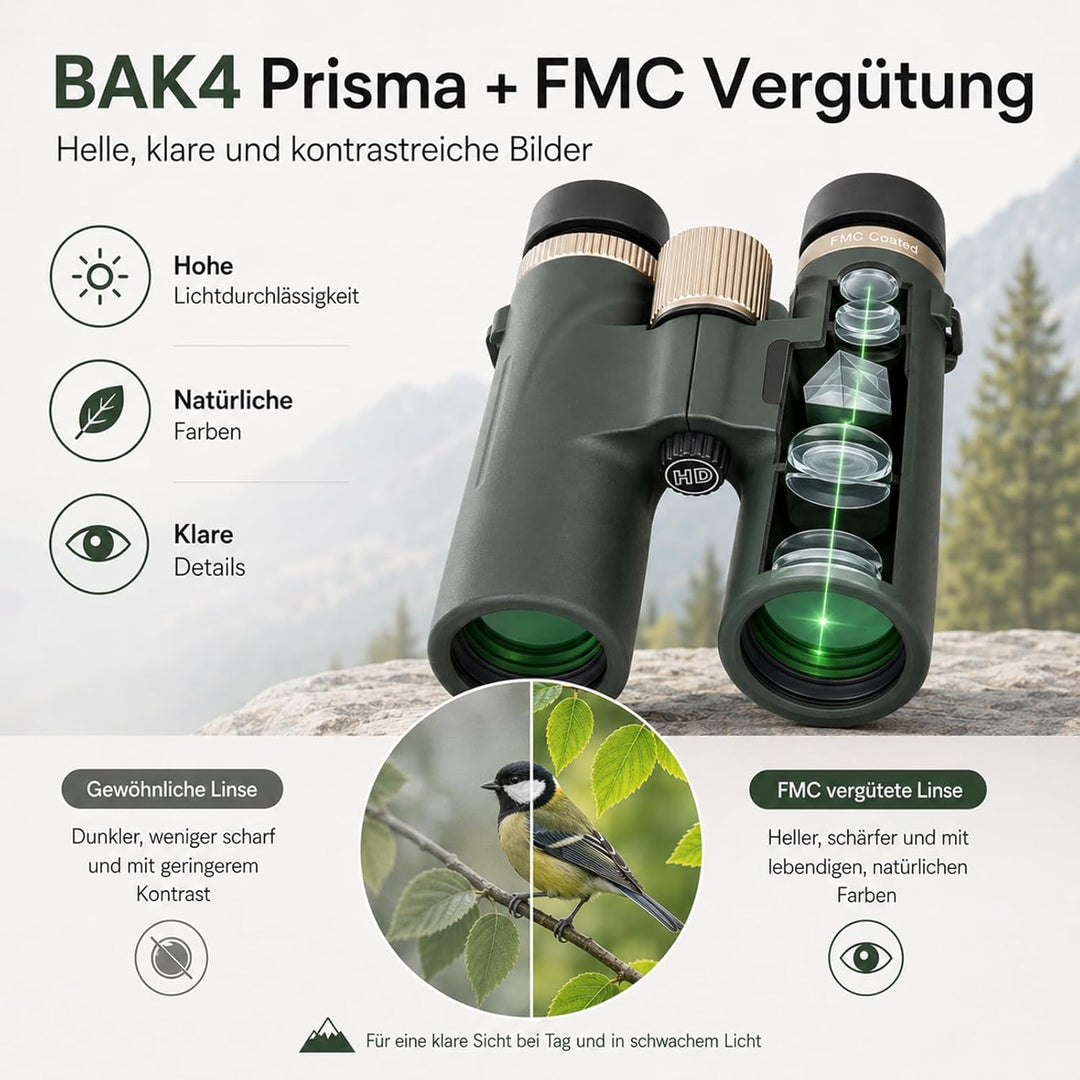 Fernglas, 12x42 HD Kompakte Ferngläser, Large View Fernglas, BAK4 HD Prisma + FMC Objektiv, für Erwa