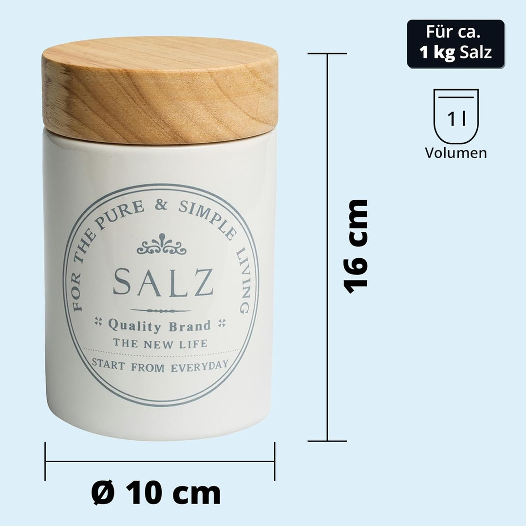 KHG Salzdose Keramik Steingut Weiss Holzdeckel Bambus, Salz Aufbewahrung luftdicht für ca. 1 kg fein