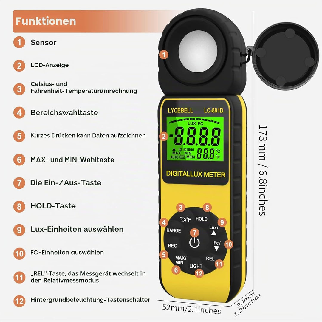Digital Luxmeter, LC-881D Belichtungsmesser 0.1-400,000 Lux mit Daten halten/Max/Min, Lichtmessgerät