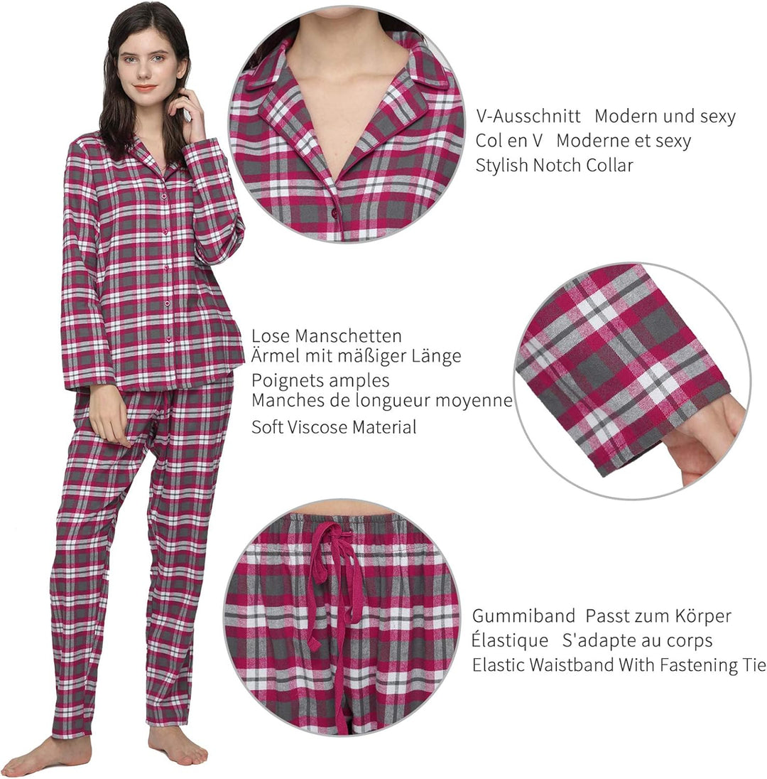 Mnemo Home Damen Schlafanzug Lang Flanell Pyjama Damen 100% Baumwolle aus Flanell Rot M, Rot M
