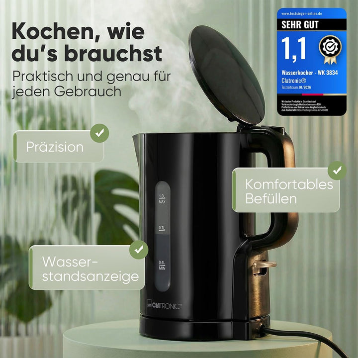 Clatronic® Wasserkocher 1L | 900W | BPA frei | Einhandbedienung | Wasserstandsanzeige | Kettle | Übe
