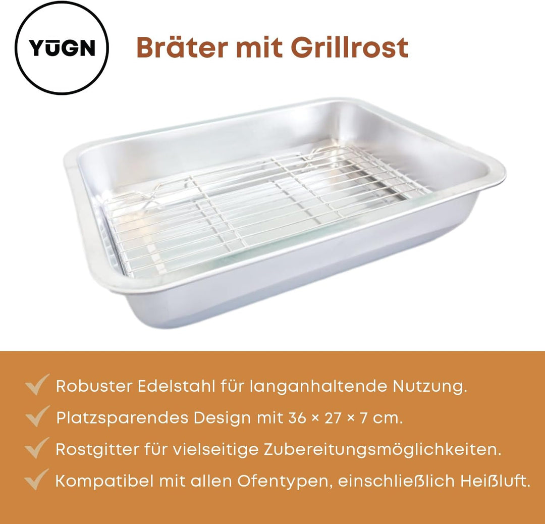 Bräter mit Grillrost 36x27x7 cm – Edelstahl Bratpfanne mit Rost für Backofen & Ofengerichte – Spülma