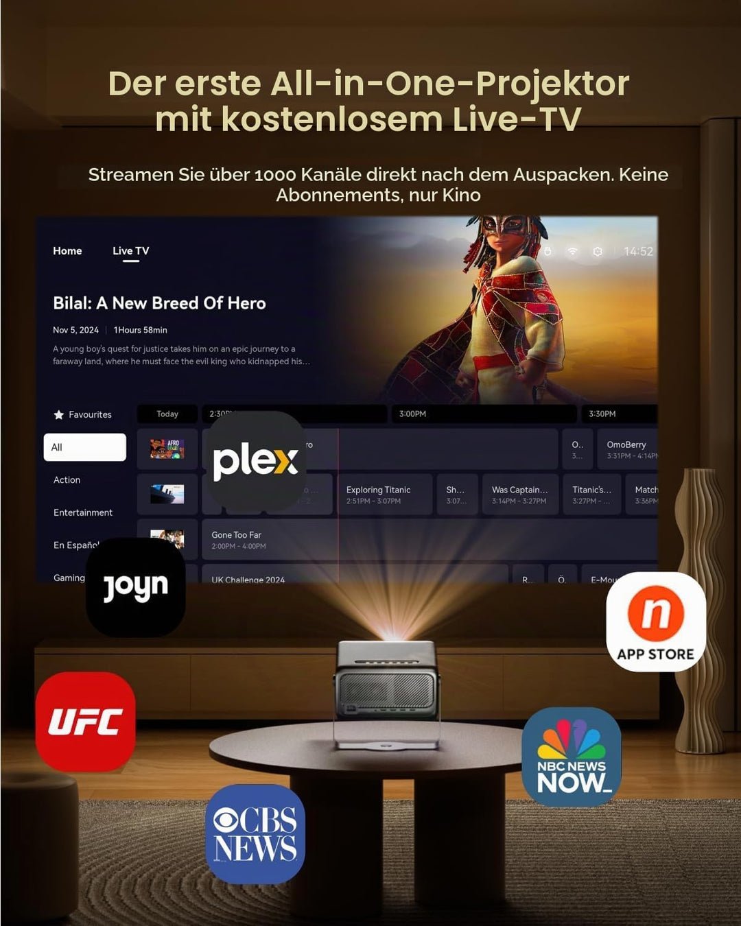 4K Beamer Heimkino 1500 ANSI Lumen Tageslicht Smart Projektor mit Apps, ToF Autofokus &amp; Trapezkorrek