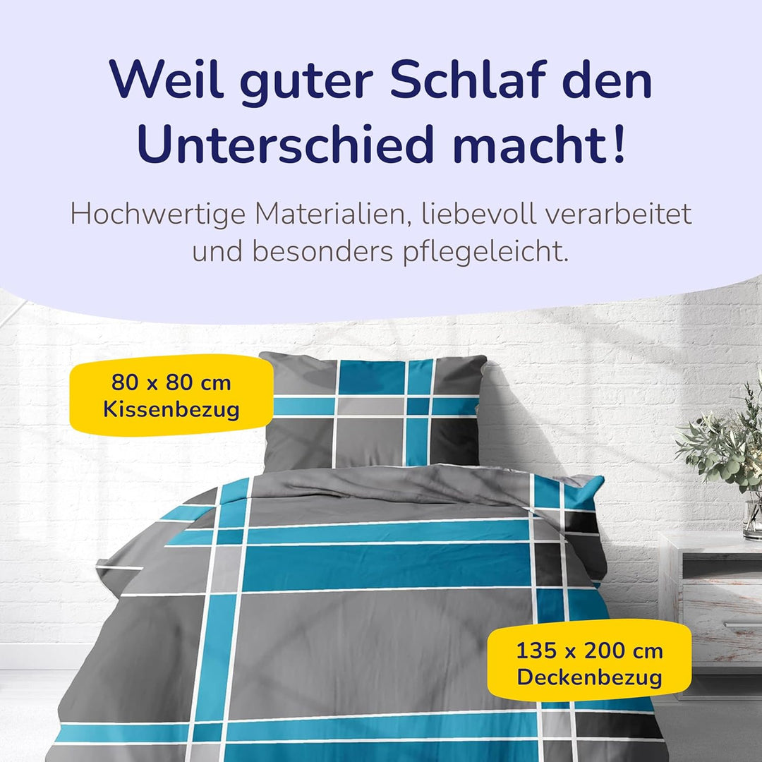 Träumschön Bettwäsche 135x200 4teilig - Bettwäsche Set im Karo Design - Biber Bettwäsche 4tlg aus 10