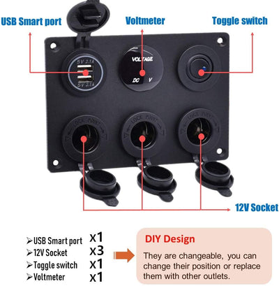 Thlevel 6 in 1 Multifunktionspanel 12V Steckdose Dual USB Ladegerät Blau LED Voltmeter Kippschalter