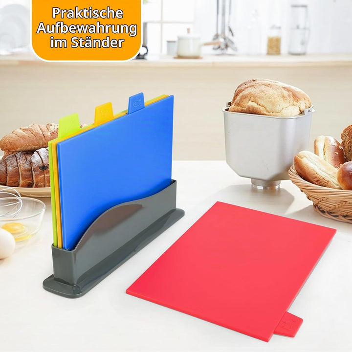 4 Stück Schneidebrett Kunststoff Set – Schneidebrett Set – Schneidebretter mit Ablageständer– Spülma