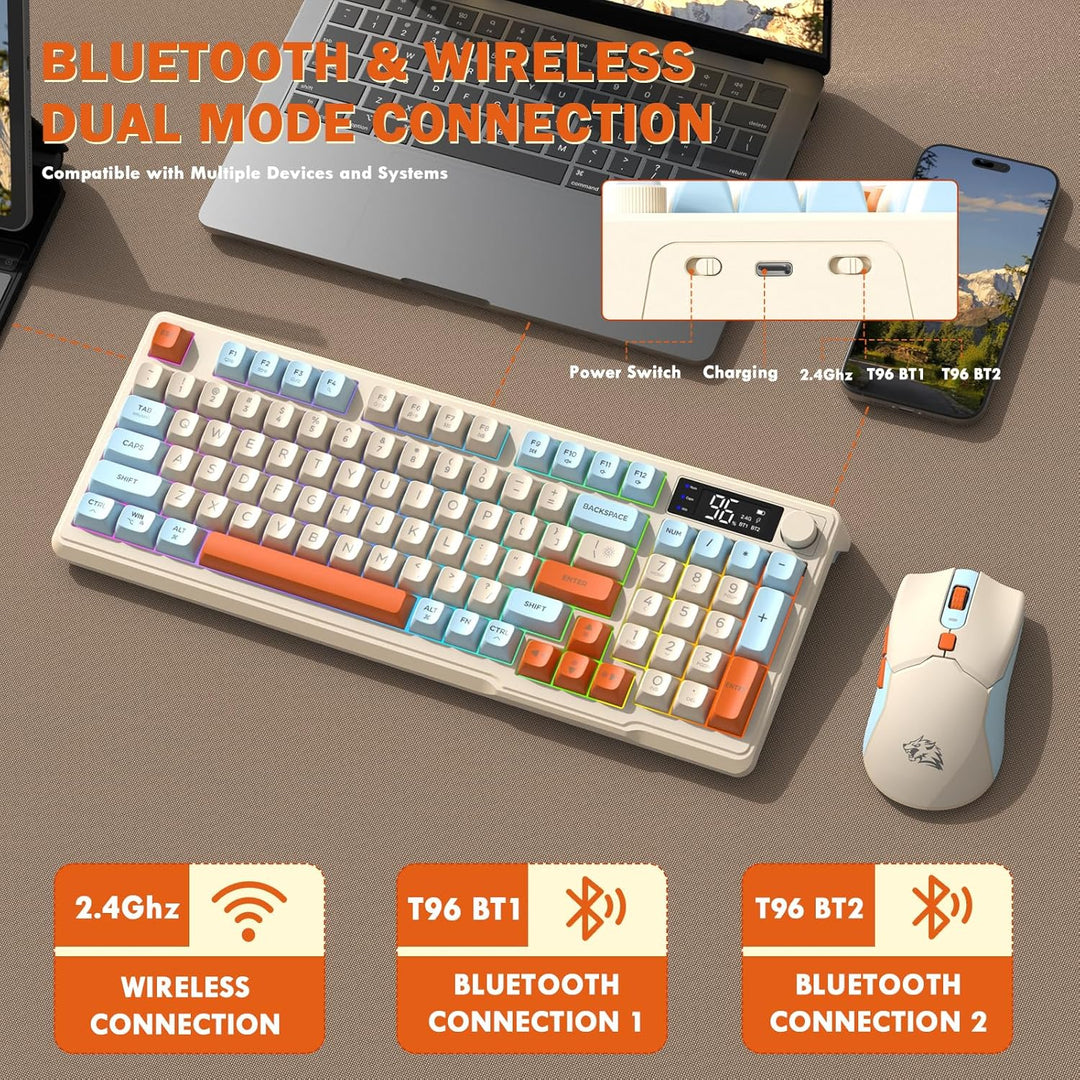 FREEWOLF T96 Kabellose Tastatur und Maus, Bluetooth & 2.4G,PBT-Tastenkappen, QWERTY, Medienrad, Disp