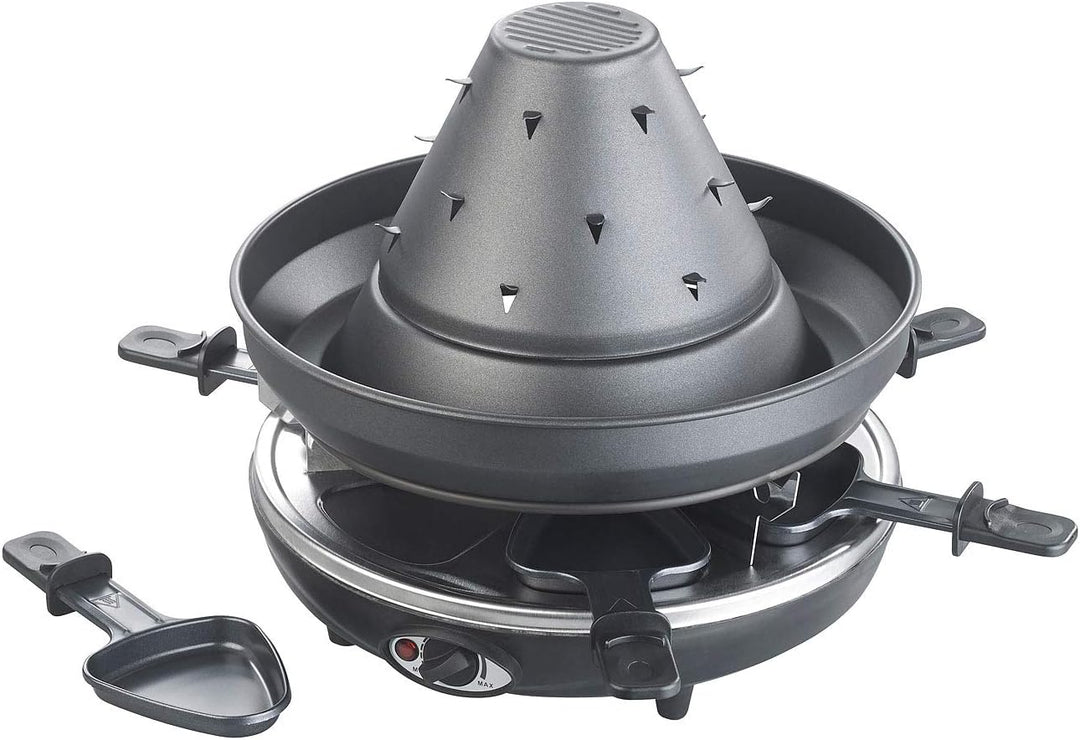 Rosenstein & Söhne Tartarenhut: Elektrischer 3in1-Tatarenhut- & Raclette-Grill mit Fondue-Rinne, für