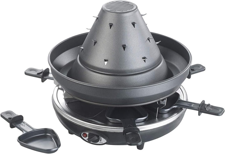 Rosenstein & Söhne Tartarenhut: Elektrischer 3in1-Tatarenhut- & Raclette-Grill mit Fondue-Rinne, für