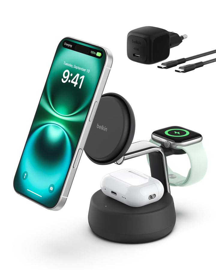 Belkin UltraCharge Pro Qi2.2 Induktive Ladestation, 25W, 3 in 1 Ladegerät MagSafe Kompatibel, Wirele