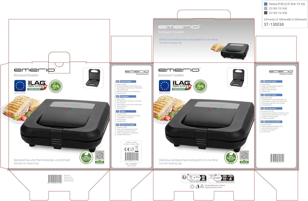 Emerio Sandwichmaker Paninigrill | MADE IN EUROPE | BPA- & PFAS-freie Antihaftbeschichtung von ILAG