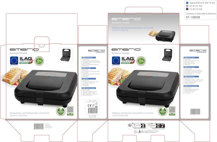 Emerio Sandwichmaker Paninigrill | MADE IN EUROPE | BPA- & PFAS-freie Antihaftbeschichtung von ILAG