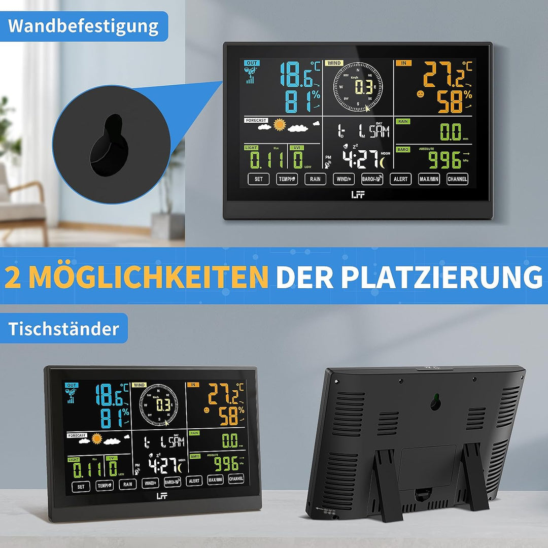 LFF 7-In-1 Wetterstation Funk mit Aussensensor, 7,5-Zoll-Display Funkwetterstation mit DCF-Funkuhr,