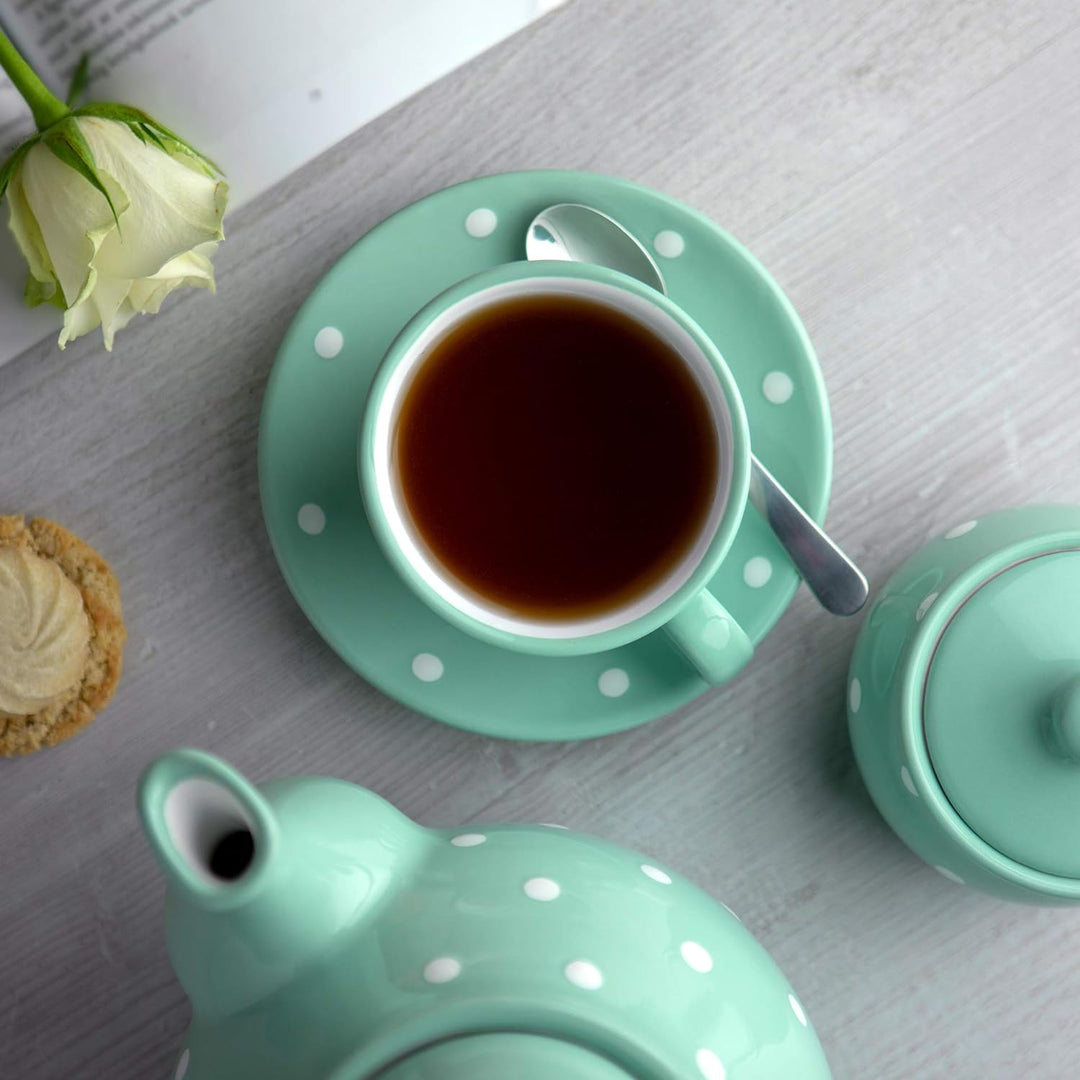 City to Cottage® - Kaffeebecher Teetasse 250 ml | Türkis und Weiss | Polka Dots | Handgemacht | Kera