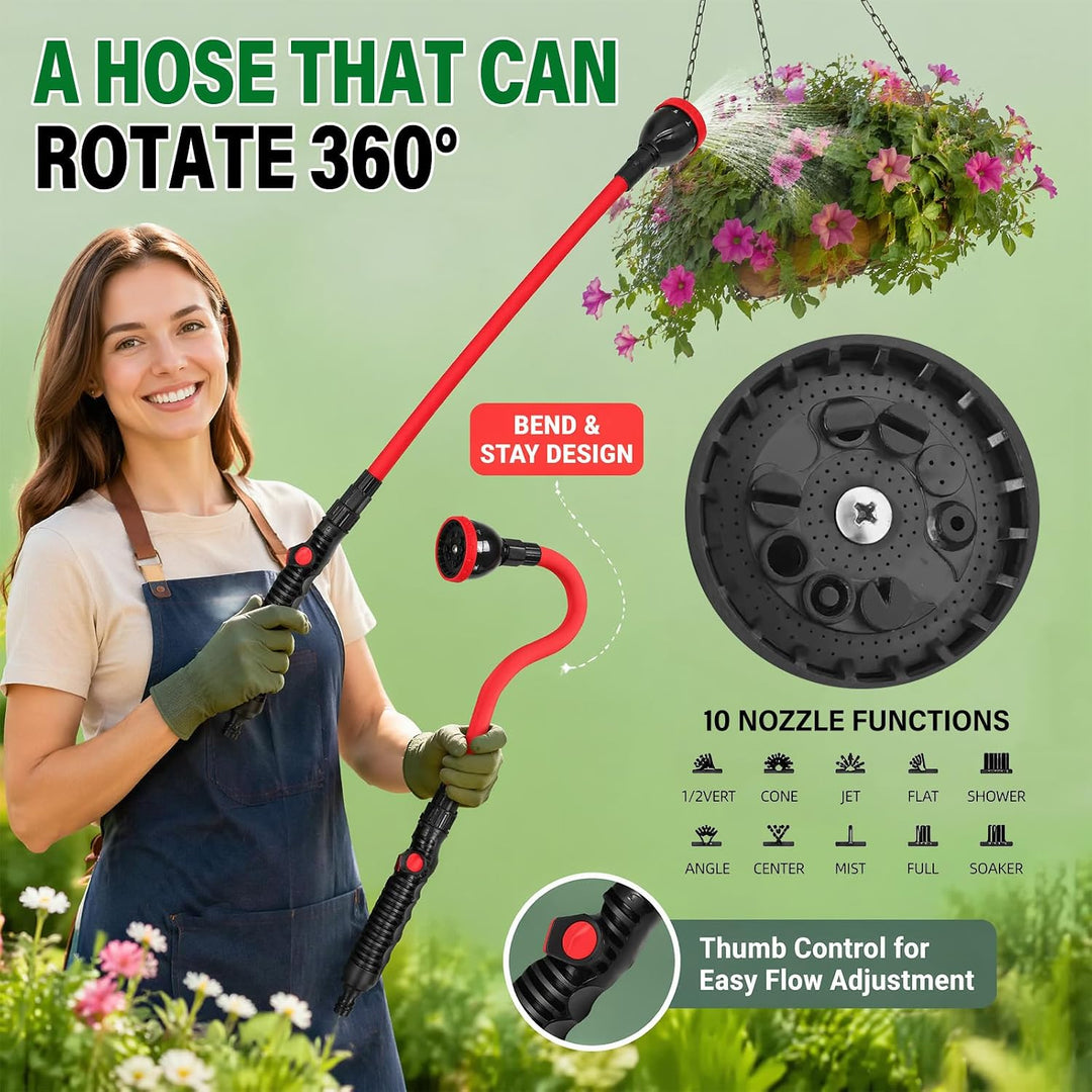 Garten Giessstab 75cm Biegsam, Gartenbrause mit 360° Schwenkkopf mit 10 Sprühmustern &amp; Sanftdusche f