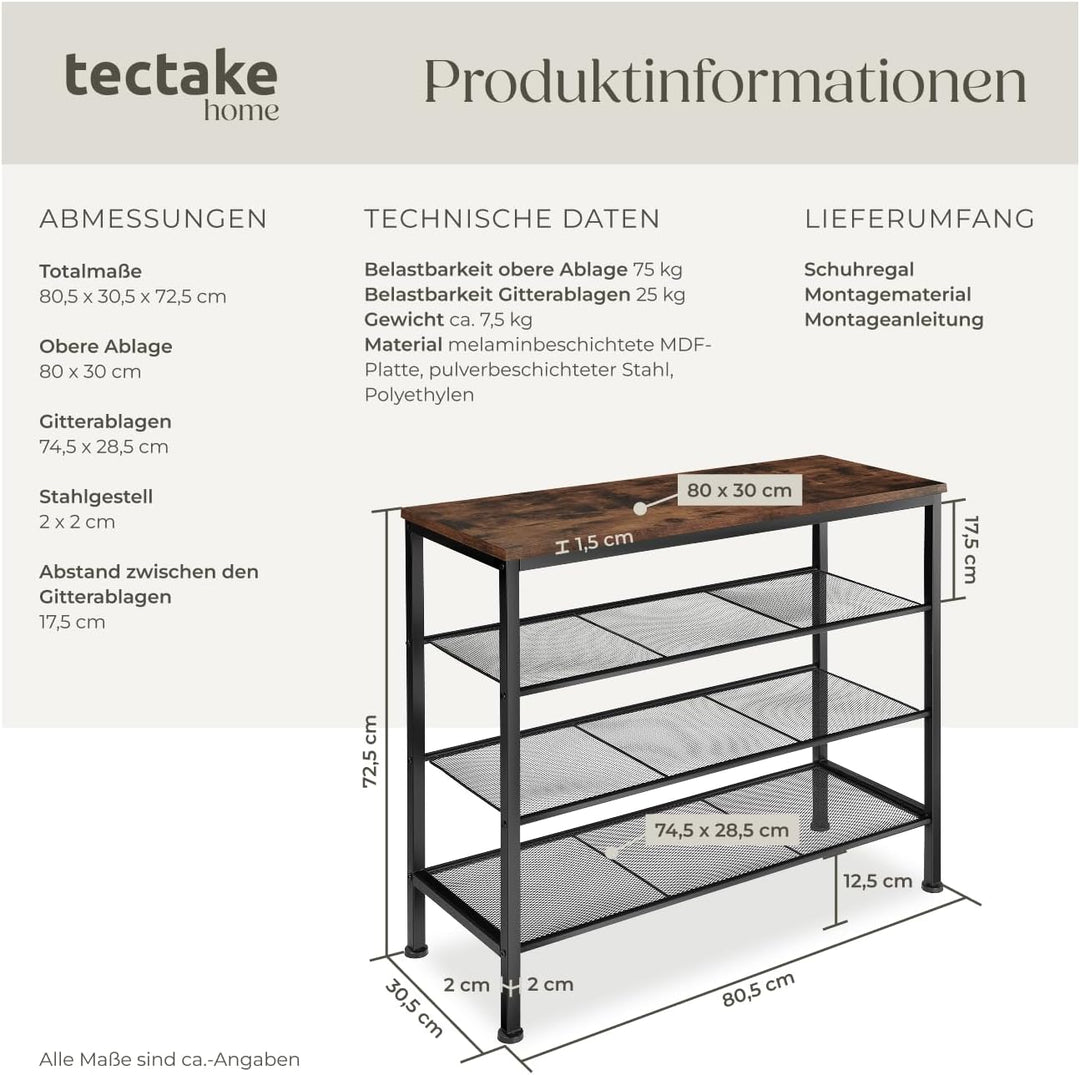tectake 800955 Schuhregal schmal mit Ablagefläche, Schuhablage aus Holz Metall, Industrie-Design, 4