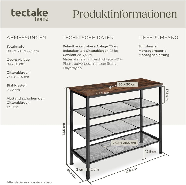 tectake 800955 Schuhregal schmal mit Ablagefläche, Schuhablage aus Holz Metall, Industrie-Design, 4