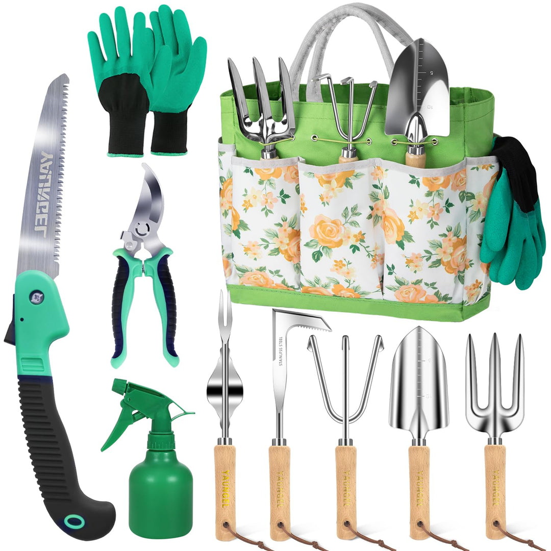 YAUNGEL Gartenwerkzeug Set, 10 Stück Schwerlast Edelstahl Gartenarbeit Kit, Gartengeräte Set mit Non