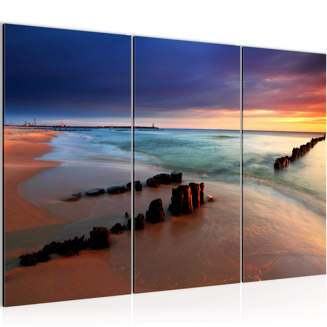 Runa Art Wandbilder Strand Meer Bild XXL Schlafzimmer Wohnzimmer Blau Rosa Welle 120 x 80 cm 3 Teili