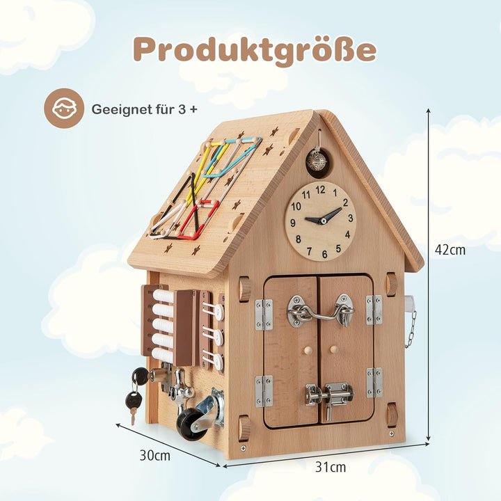 COSTWAY Kinder Spielhaus aus Holz, sensorisches Spielzeughaus mit Sinnesspielen & Stauraum im Innere