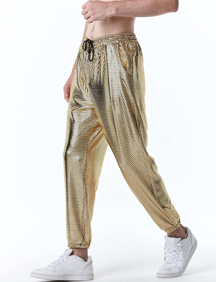 LucMatton Herren-Jogginghose, metallisch, glänzend, Disco-Party, elastische Hose M Gold-a, M Gold-a