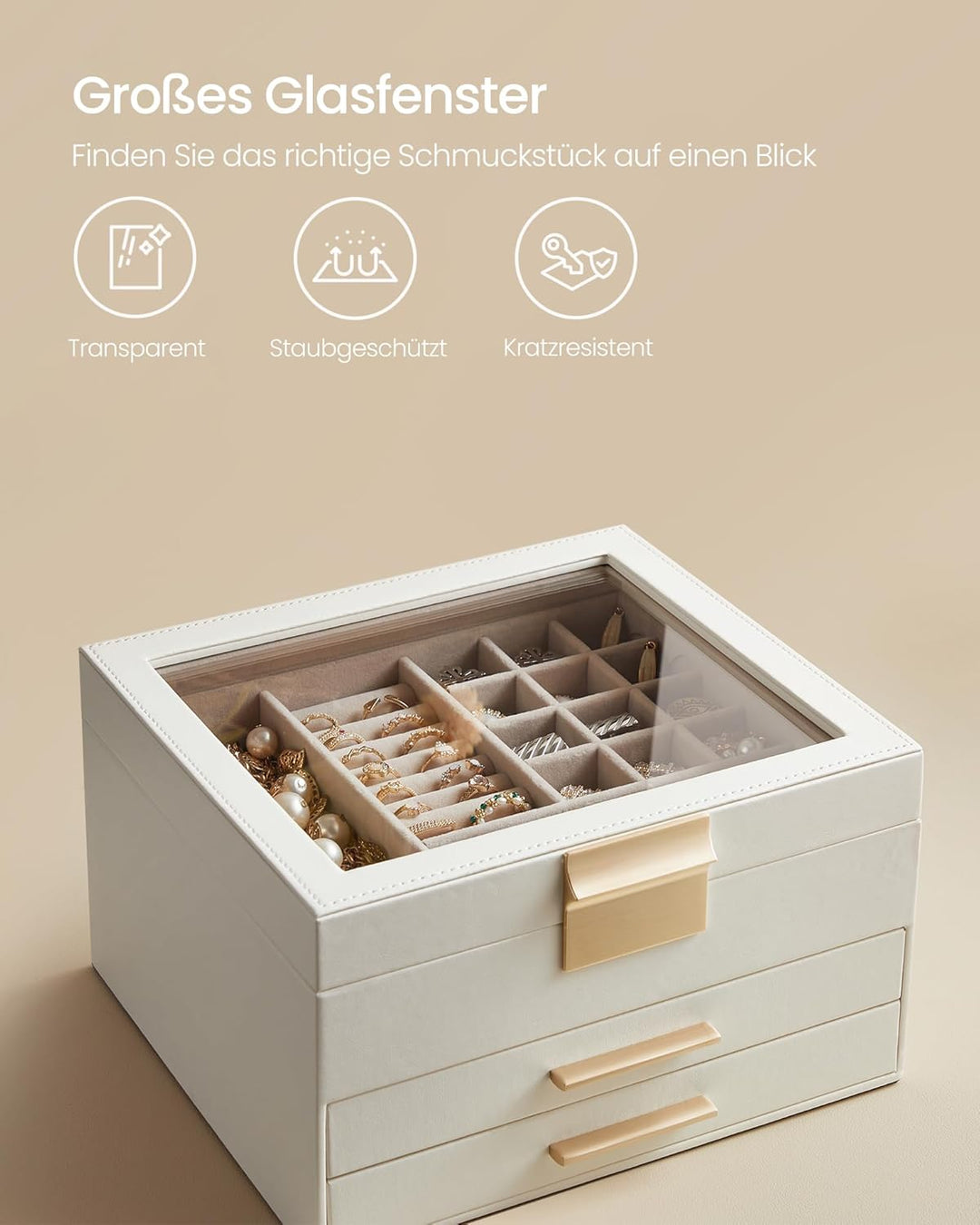 SONGMICS Schmuckkästchen mit Glasdeckel Schmuckkasten mit 3 Ebenen, Schmuckbox mit 2 Schubladen, Sch