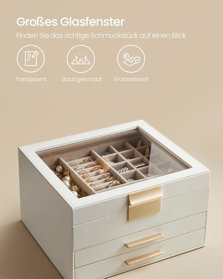 SONGMICS Schmuckkästchen mit Glasdeckel Schmuckkasten mit 3 Ebenen, Schmuckbox mit 2 Schubladen, Sch