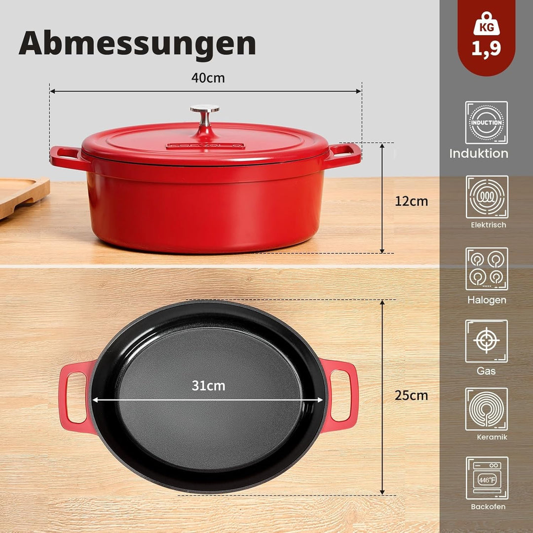 Bräter Oval mit Deckel gross Schmortopf Induktion 31 cm 6,3 L Brot Backen Dutch Oven Stil, leichter