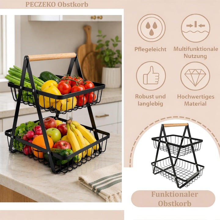 Zweistöckiger Obstkorb mit 2 Ebenen – Platzsparende Obstschale & Obsetagere aus Metall mit Holzgriff