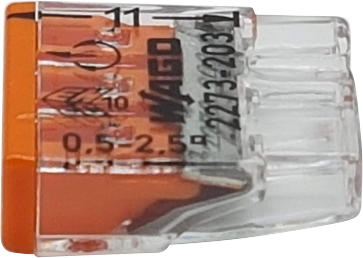 100 Stück Wago 2273-203 COMPACT-Verbindungsdosenklemme Ø 0,5-2,5 mm², 3-polig, transparent/orange