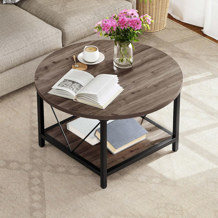 YITAHOME Runder Couchtisch, 80x80x46cm Rustikaler Wohnzimmertisch aus Holz für Wohnzimmer mit Ablage
