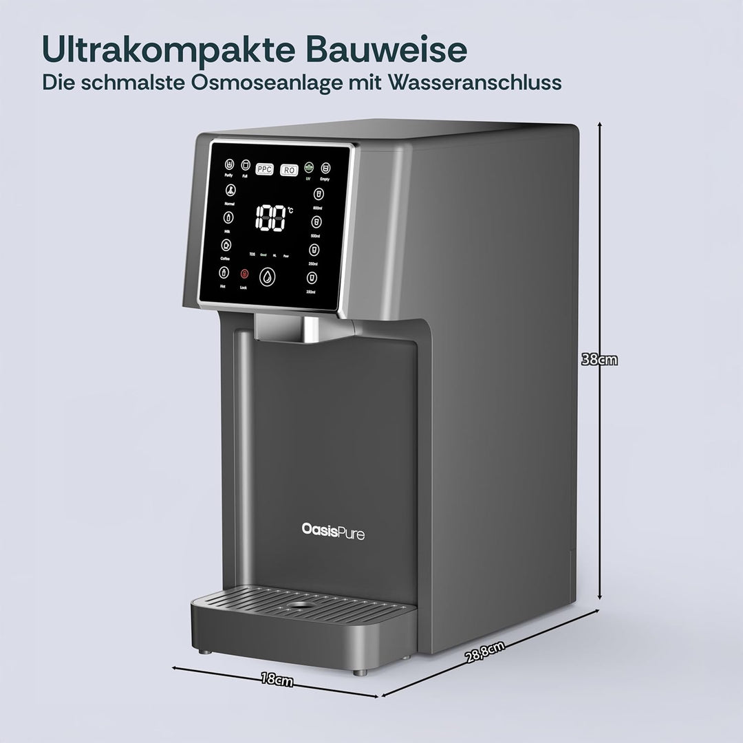 Slim Osmoseanlage Trinkwasser Auftisch | Direct Flow Umkehrosmoseanlage | Heisswasserspender | 4 Tem