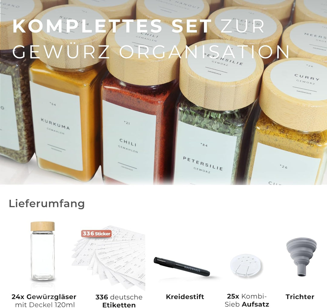 Havenhaus Premium Gewürzgläser Set Bambus | 24 Gewürz Organizer inkl. 336 deutschen Gewürzetiketten