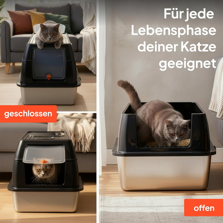 Edelstahl Katzenklo XXL - Grosse Geschlossene Katzentoilette mit Deckel, Premium Schaufel & Ergonomi