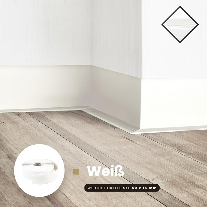 DQ-PP WEICHSOCKELLEISTE | 10m | weiss | 50x15mm | PVC | selbstklebend | Knickwinkel Fussleisten Gumm