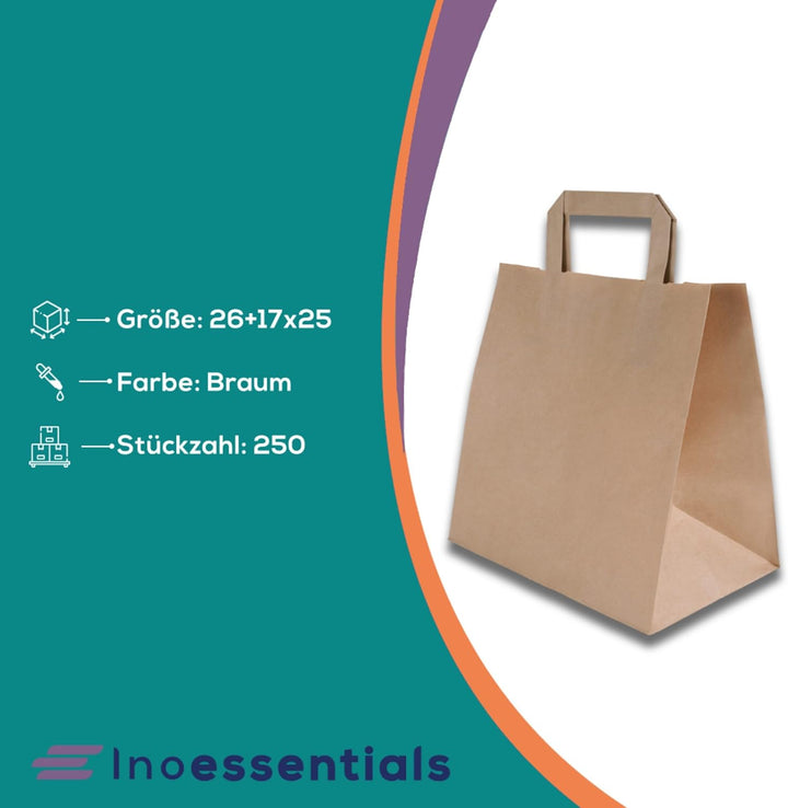 Inoverse 250 Stück Papiertragetaschen, Geschenktüten, 26+17x25 cm Papiertüten mit Henkel, Braun Kraf