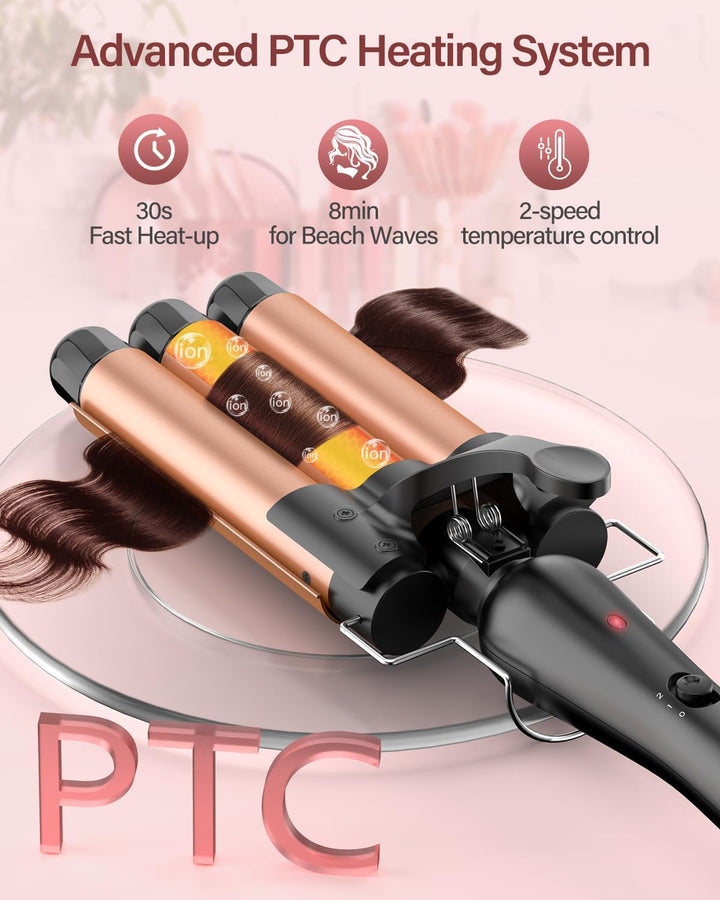 25mm Welleneisen für Haare, Lockenstab 3 Fässer Beach Wave (Or rose), Or Rose