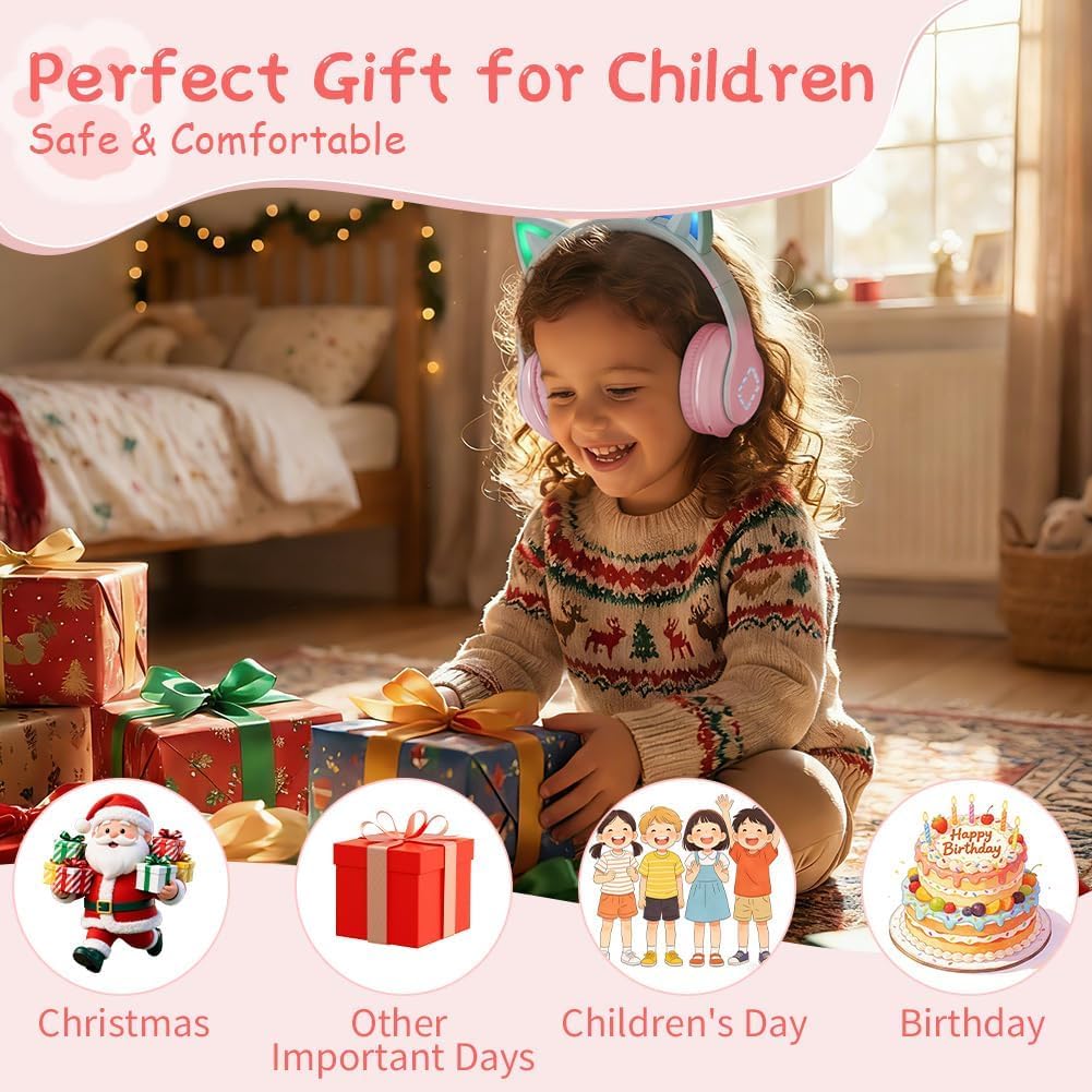 Kinder Bluetooth Kopfhörer, Katzenohr LED Lichter, Bluetooth 5.3 Stereo, Verstellbares Kopfband, 85d