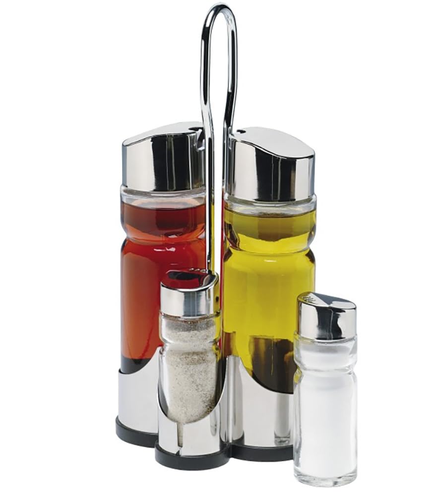 Essig und Öl Spender Set - 2 x 175 mL Glasflaschen und Metallhalterung mit Salz- und Pfefferstreuer