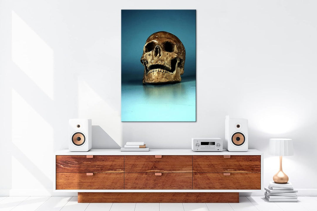 deyoli goldener Schädel im Format: 80x60 als Leinwandbild, Motiv fertig gerahmt auf Echtholzrahmen,