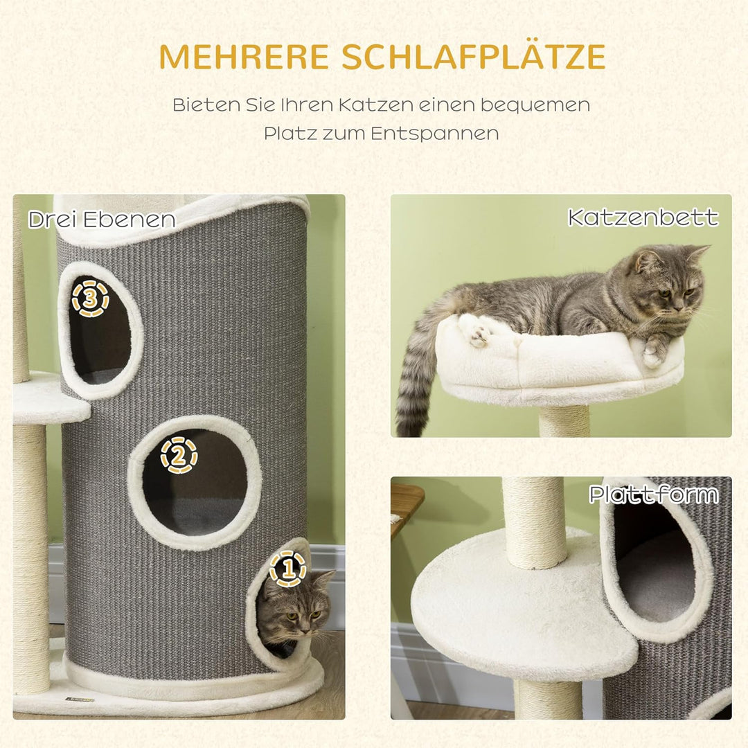 PawHut Kratzbaum 109 cm Katzenturm mit Kratztonne, Katzenbett, Sisalstämme, mehrstöckiger Katzenkrat