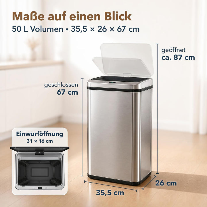 ledscom.de SORTA Sensor Mülleimer 50L, Edelstahl Abfalleimer 1 Stück (1er Pack), 1 Stück (1er Pack)